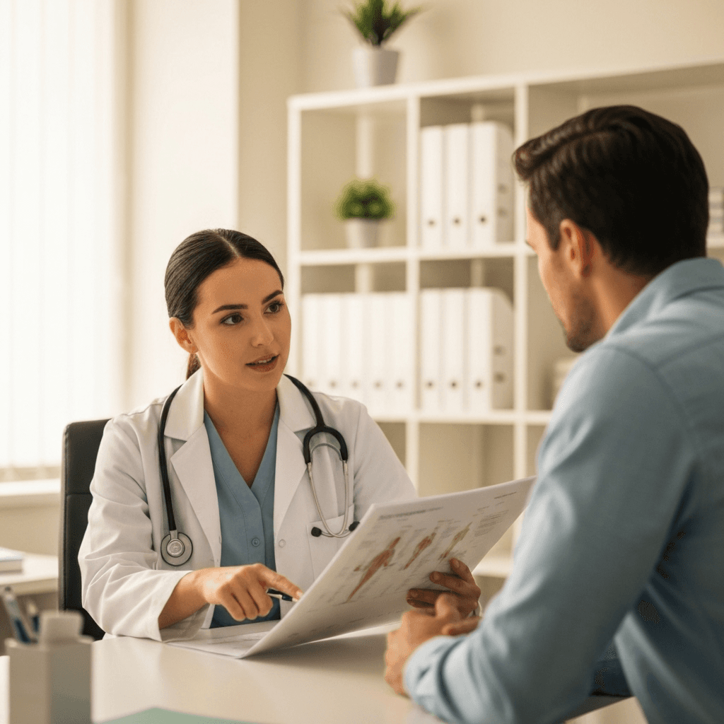 Doctor profesional consultando con paciente en oficina médica moderna